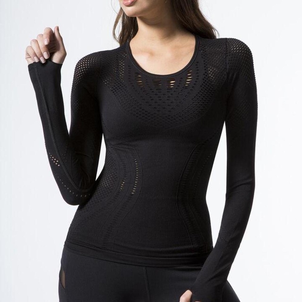 Alo Yoga Black Stretchy Laser Cut Lark Long Sleeve Top size XS